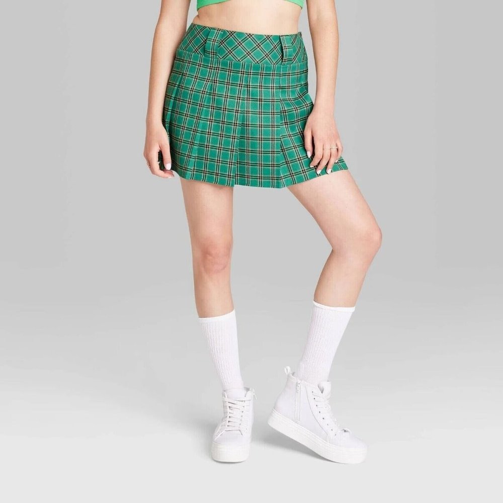 Women's Low-Rise Pleated Mini Skirt Wild Fable Emerald Green Plaid Size M Medium